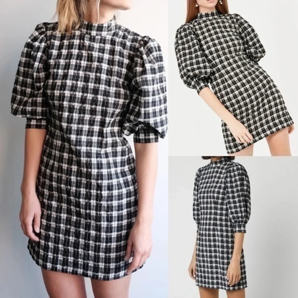 GANNI Houndstooth Black & White Cute Checkered Dress - Picture 2 of 16